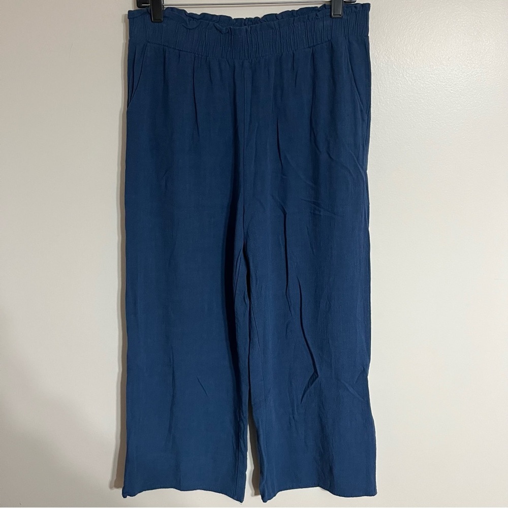 Women's Ninexis Linen Blend‎ Wide Leg Cropped Pants Size XL Navy Blue Beach